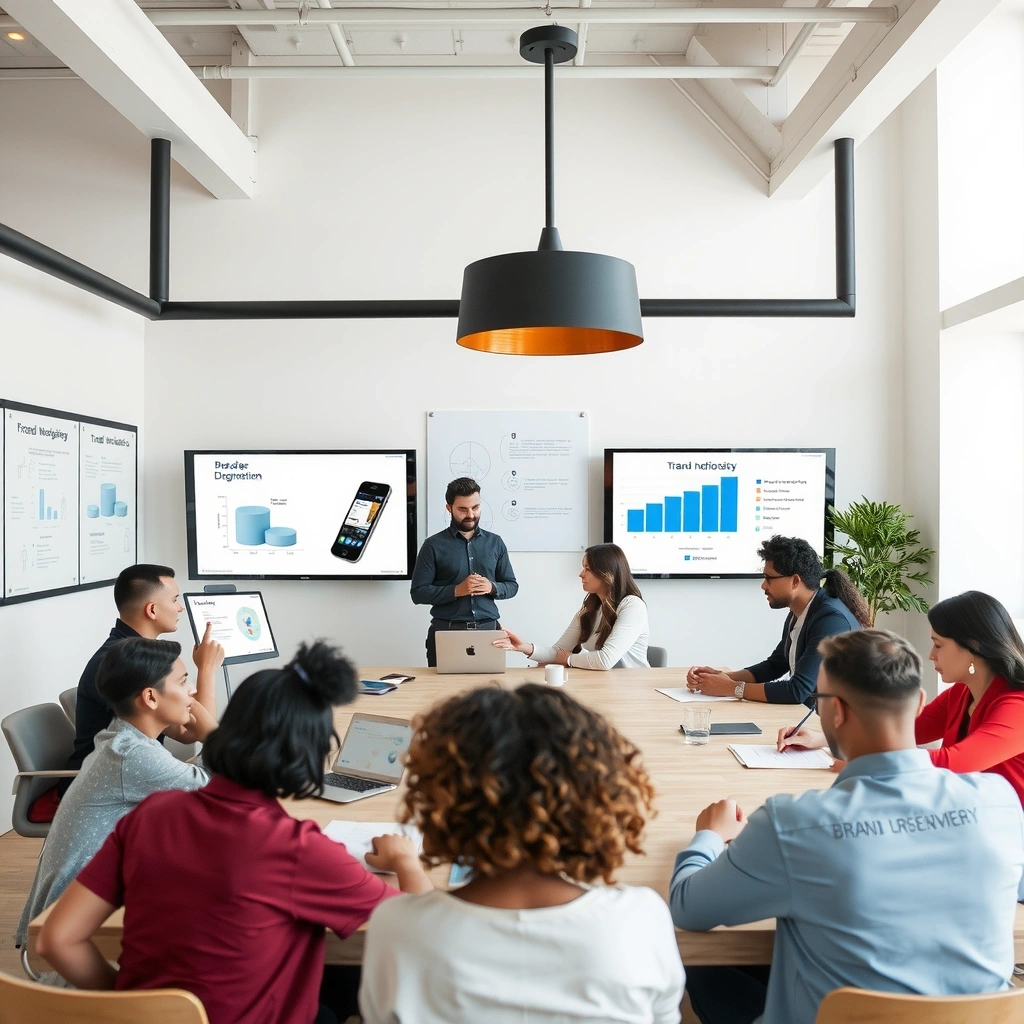 BrandCore team working on brand strategy with design mockups and business charts